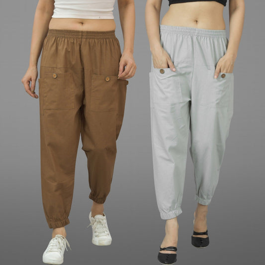 Combo Pack Of Womens Brown And Melange Grey Four Pocket Cotton Cargo Pants