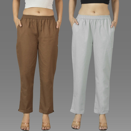 Pack Of 2 Womens Brown And Melange Grey Deep Pocket Fully Elastic Cotton Trouser