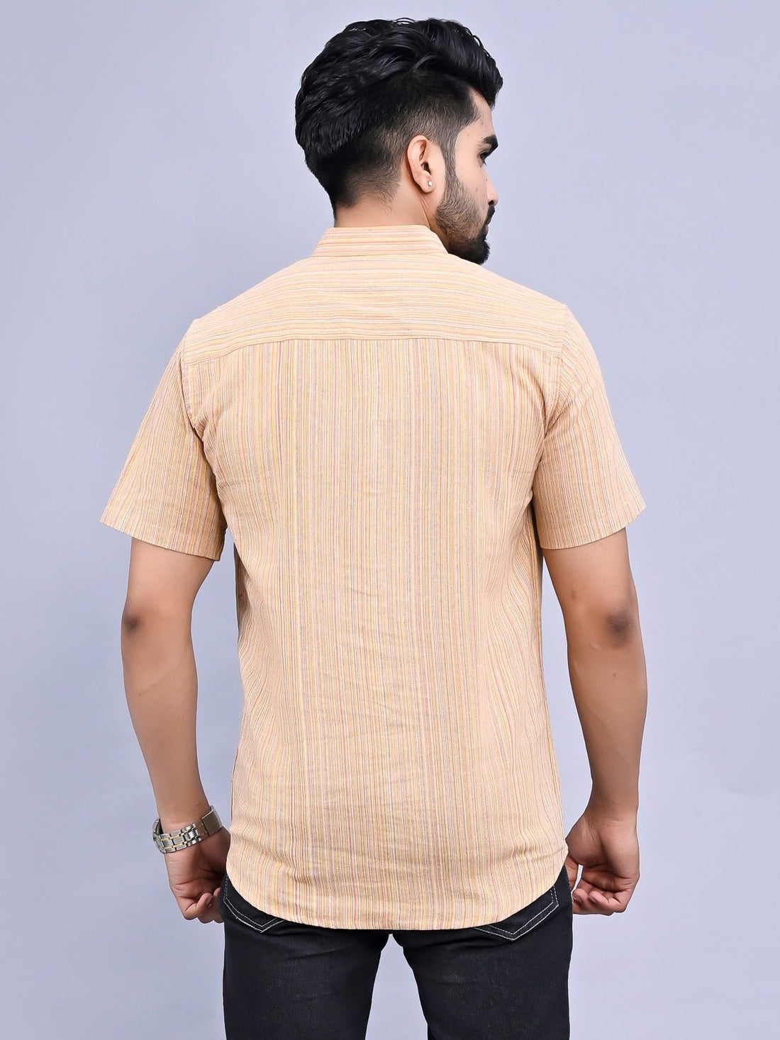 Regular Fit Brown Multi Stripes Cotton Short Kurta