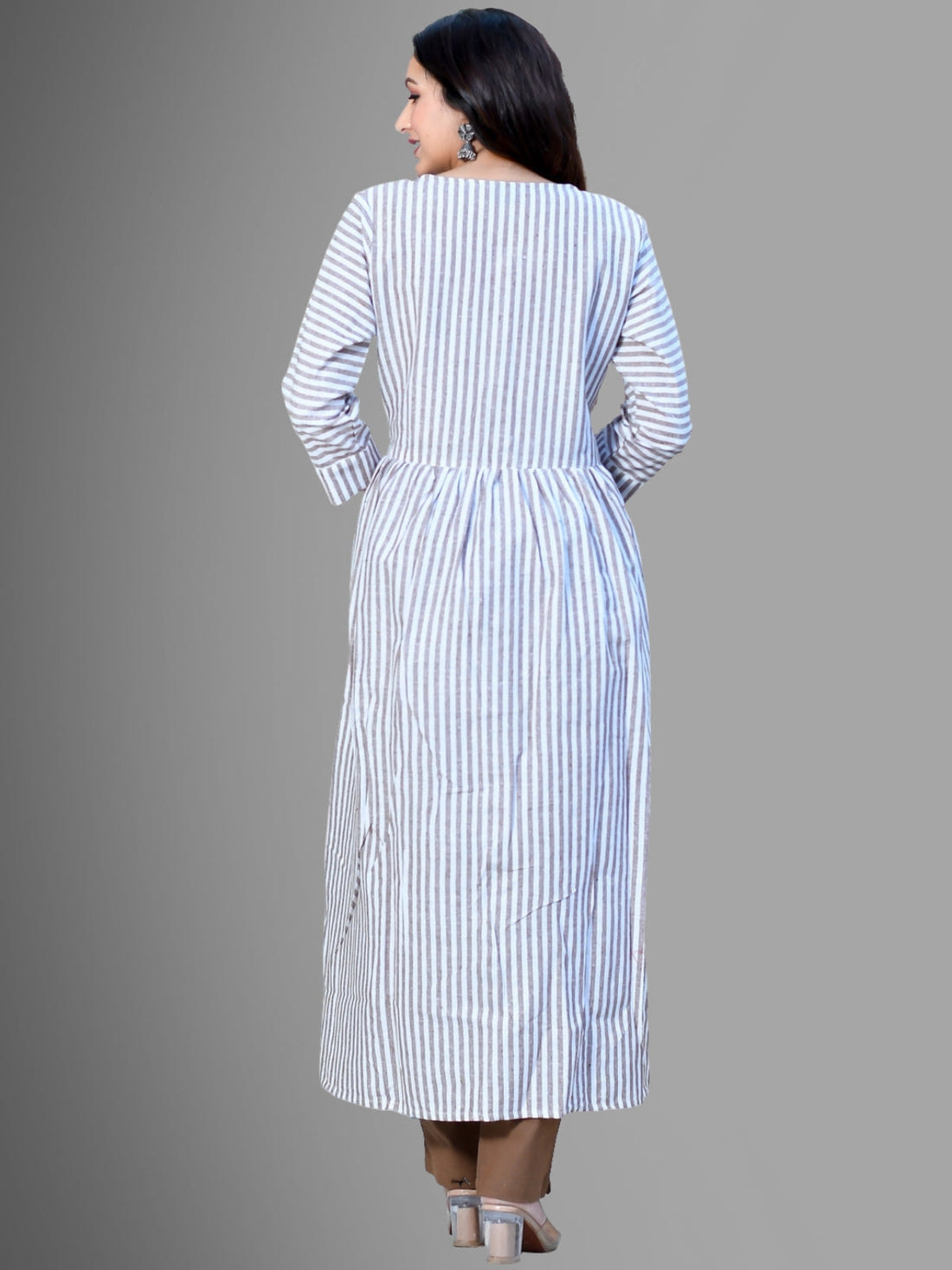 Women Brown Striped South Cotton Flared kurta