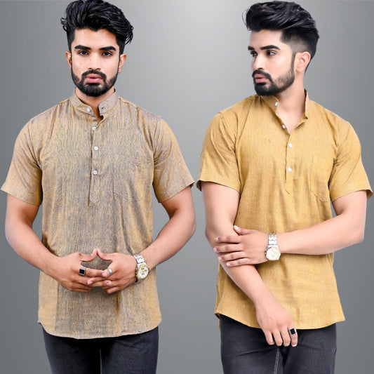 Mens Regular Fit Brown and Mustard Half Sleeve Cotton Short Kurta Combo