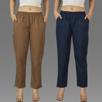Pack Of 2 Womens Brown And Navy Blue Deep Pocket Fully Elastic Cotton Trouser