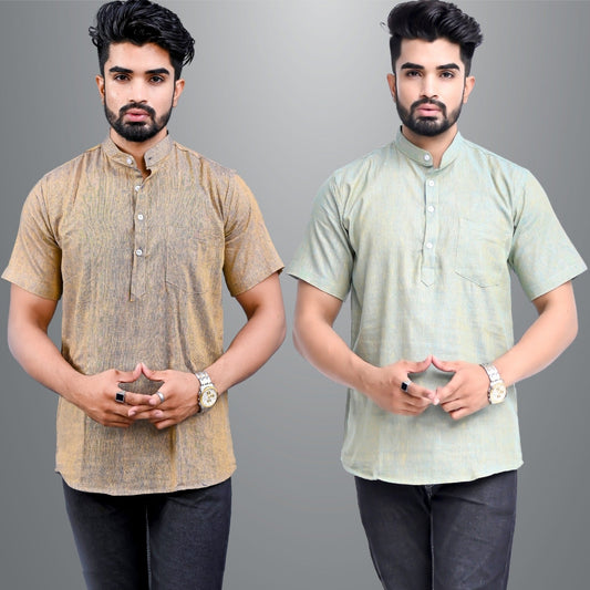 Mens Regular Fit Brown and Ocian Blue Half Sleeve Cotton Short Kurta Combo