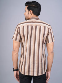 Mens Regular Fit Brown Striped Half Sleeve Short Cotton Kurta
