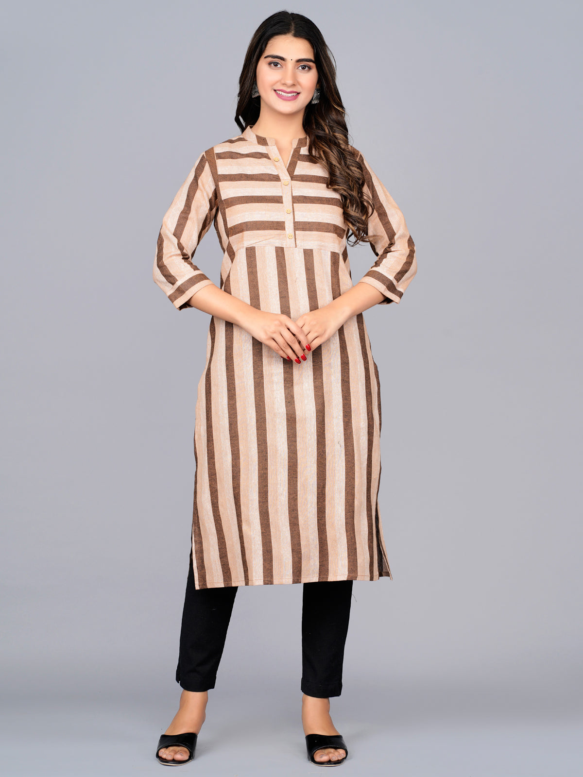 Ethnic Wear Couple Dress Brown Stripe Kurta Kurti Set