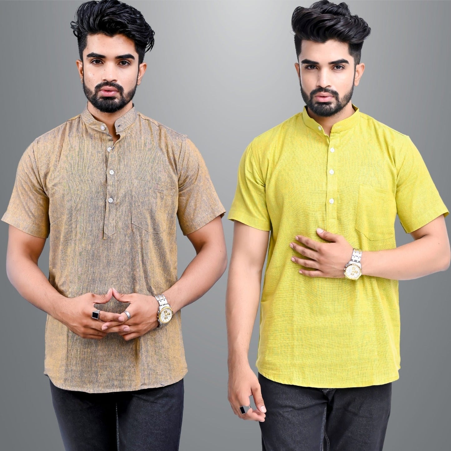 Mens Regular Fit Brown and Parrot Green Half Sleeve Cotton Short Kurta Combo