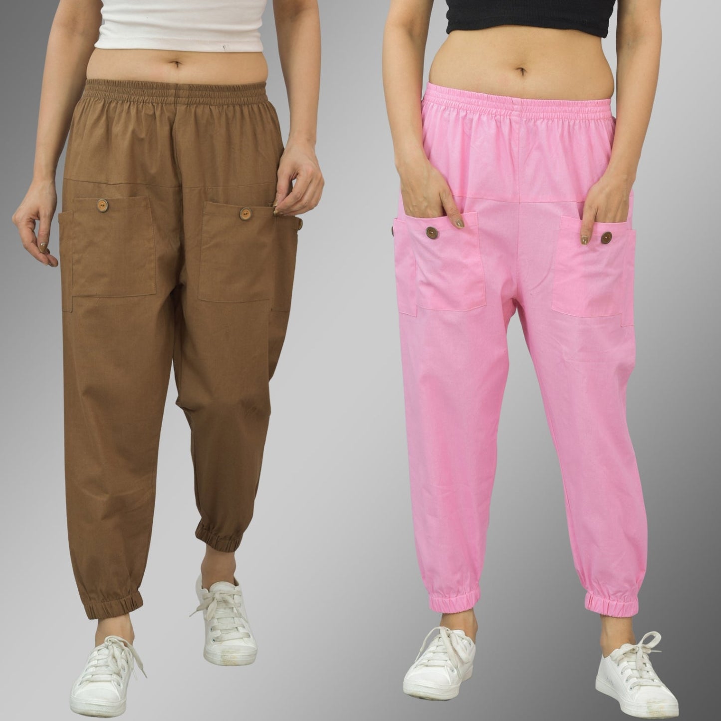 Combo Pack Of Womens Brown And Pink Four Pocket Cotton Cargo Pants