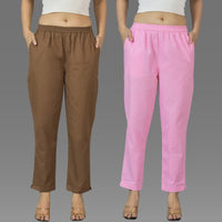 Pack Of 2 Womens Brown And Pink Deep Pocket Fully Elastic Cotton Trouser