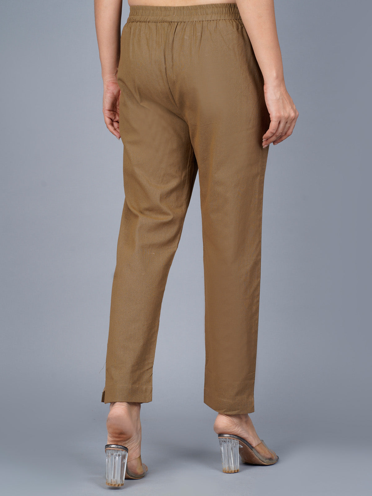 Pack Of 2 Womens Regular Fit Brown And Cream Fully Elastic Waistband Cotton Trouser