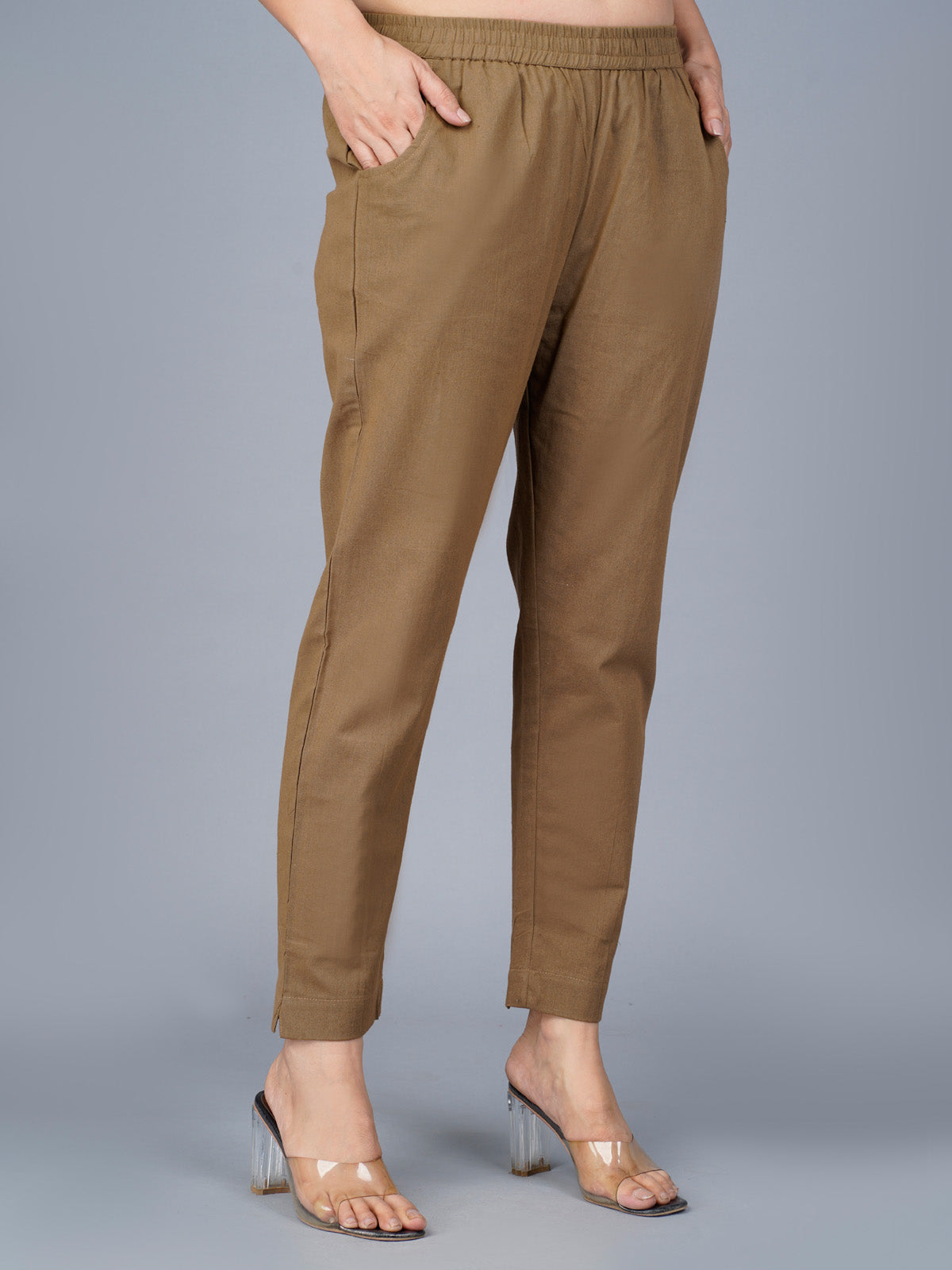 Women's Brown Regular Fit Elastic Cotton Trouser