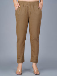 Women's Brown Regular Fit Elastic Cotton Trouser