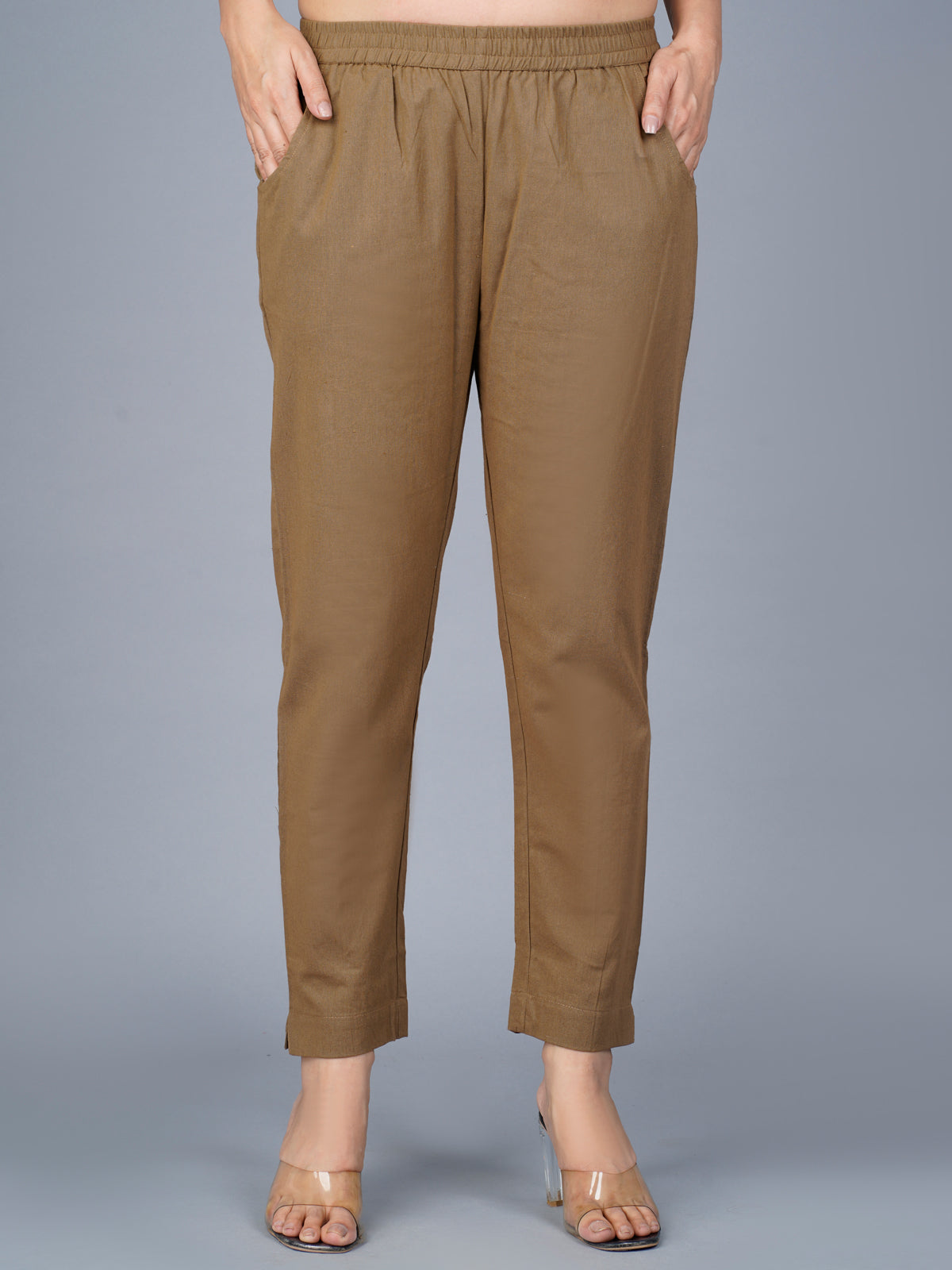 Pack Of 2 Womens Regular Fit Beige And Brown Fully Elastic Waistband Cotton Trouser