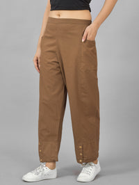 Womens Brown Side Pocket Pure Cotton Straight Cargo Pant