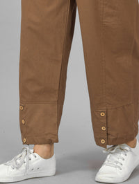 Womens Brown Side Pocket Pure Cotton Straight Cargo Pant