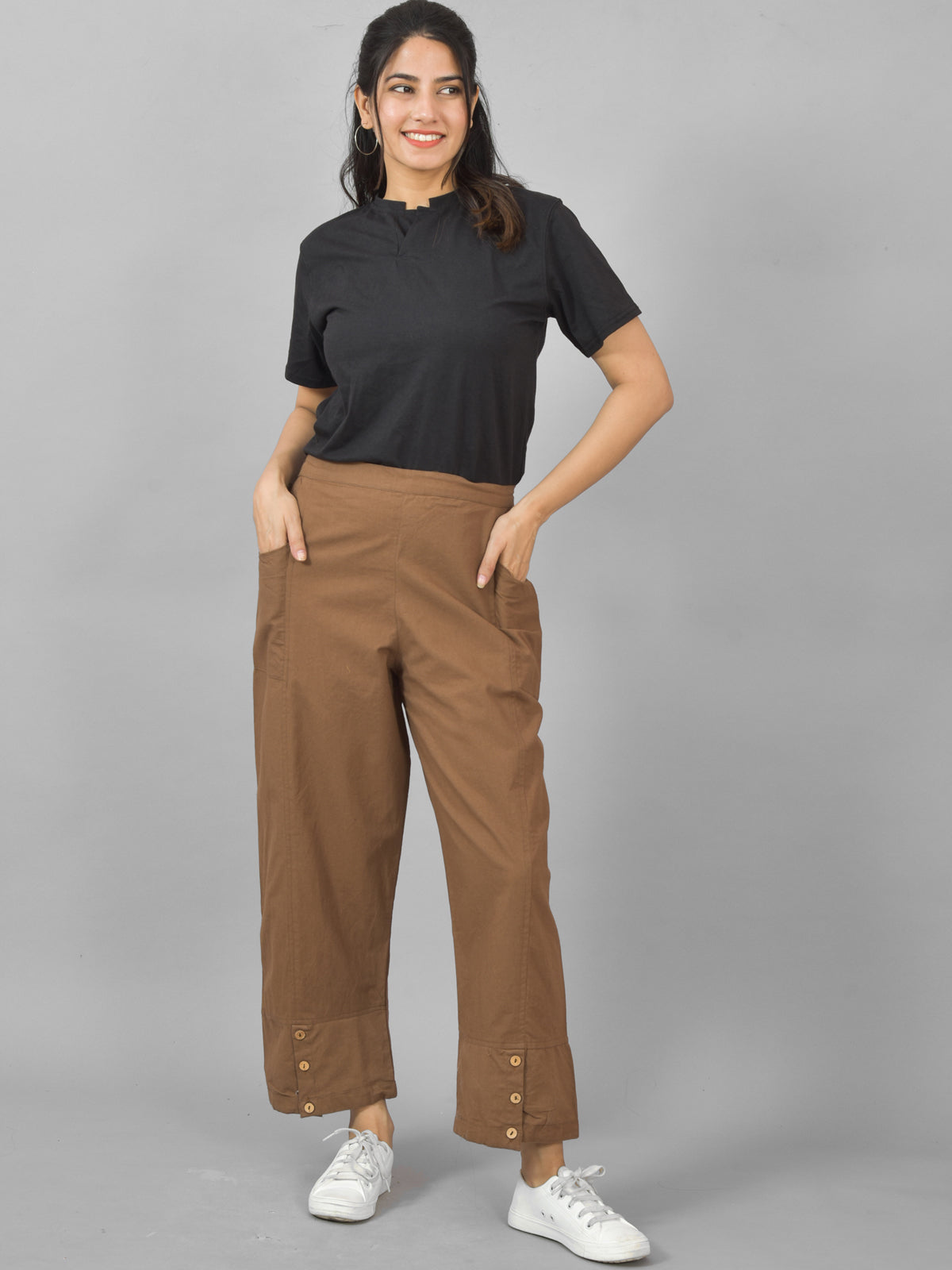 Combo Pack Of Womens Brown And Melange Grey Side Pocket Straight Cargo Pants