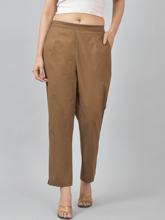 Women Regular Fit Deep Pocket Solid Brown Half Elastic Cotton Pants
