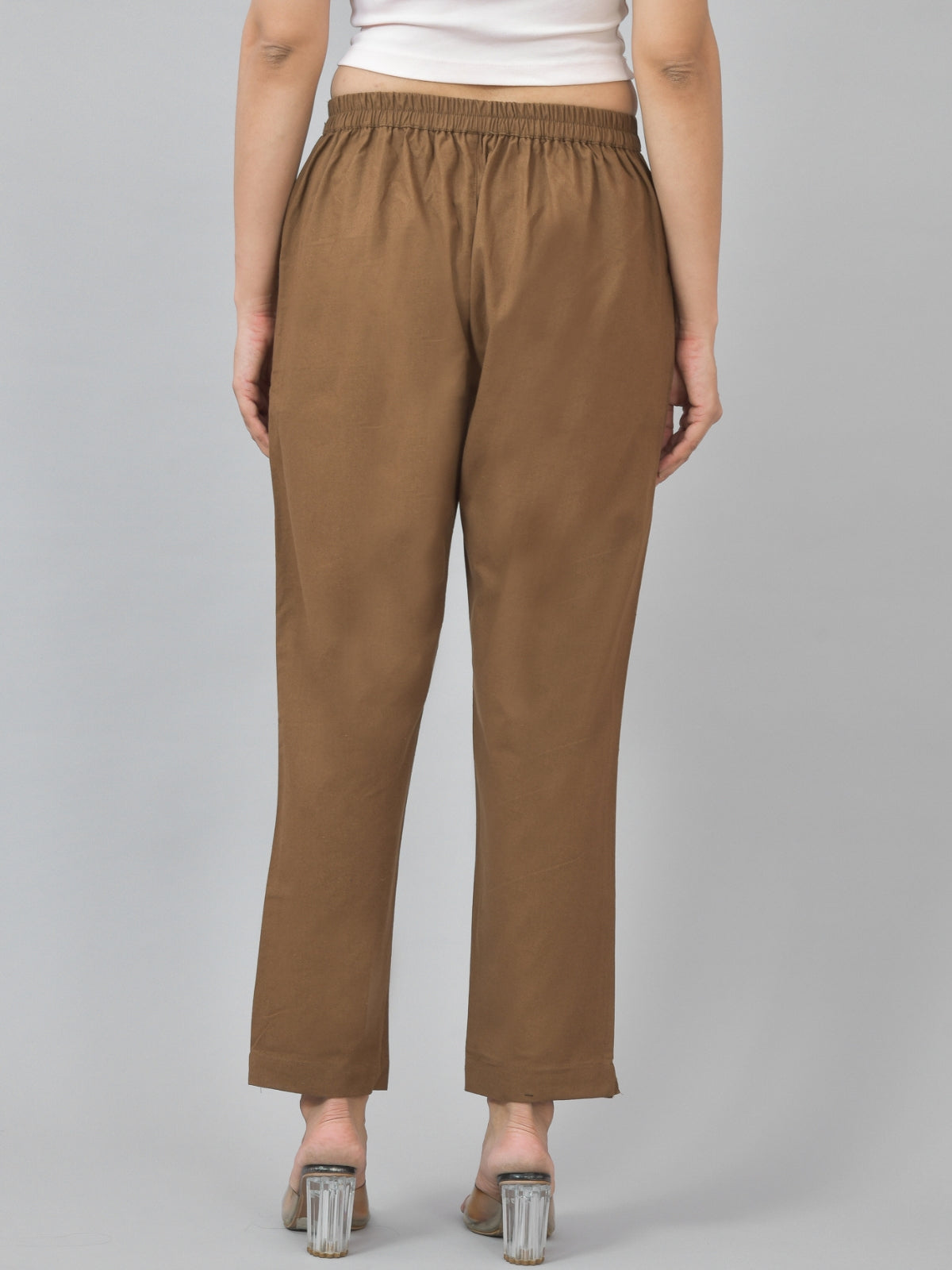 Pack Of 2 Womens Half Elastic Beige And Brown Deep Pocket Cotton Pants