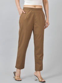 Women Regular Fit Deep Pocket Solid Brown Half Elastic Cotton Pants