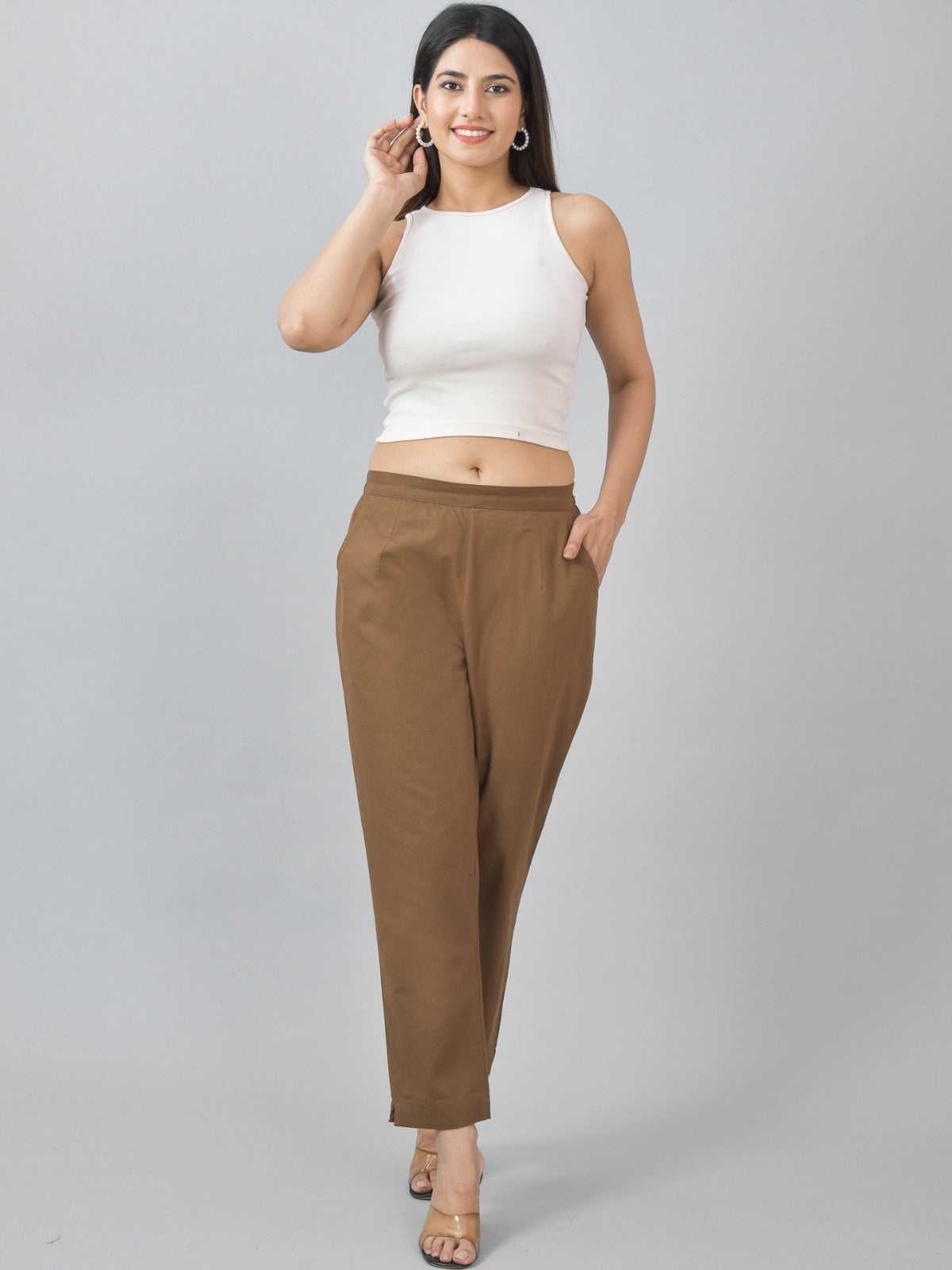 Pack Of 2 Womens Half Elastic Brown And Maroon Deep Pocket Cotton Pants