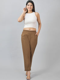 Pack Of 2 Womens Half Elastic Brown And Light Grey Deep Pocket Cotton Pants