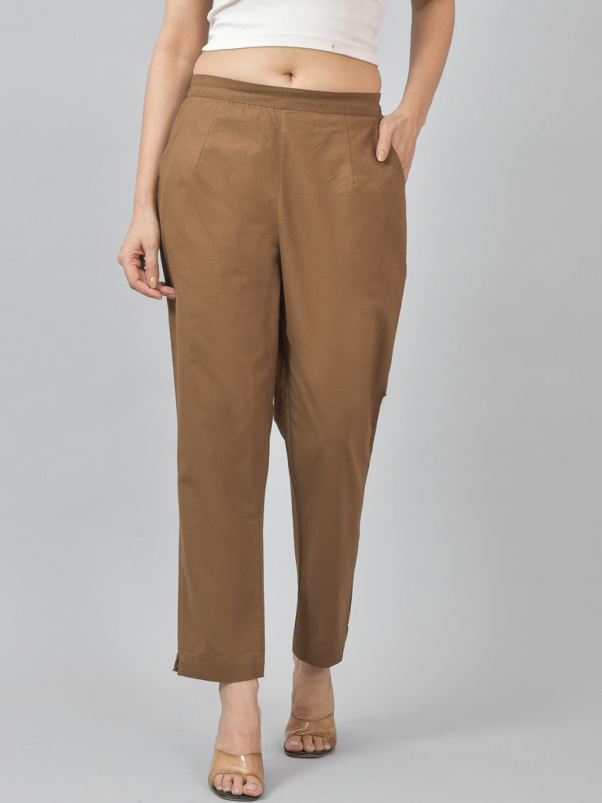 Pack Of 2 Womens Half Elastic Brown And White Deep Pocket Cotton Pants
