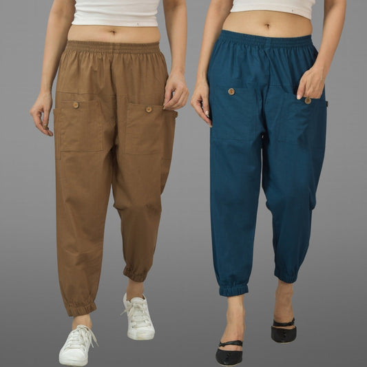 Combo Pack Of Womens Brown And Teal Blue Four Pocket Cotton Cargo Pants