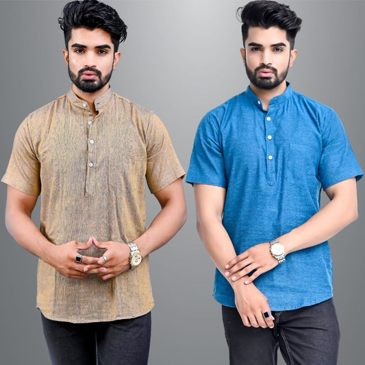 Mens Regular Fit Brown and Teal Blue Half Sleeve Cotton Short Kurta Combo