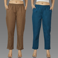 Pack Of 2 Womens Brown And Teal Blue Deep Pocket Fully Elastic Cotton Trouser