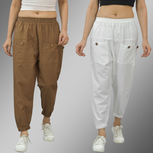 Combo Pack Of Womens Brown And White Four Pocket Cotton Cargo Pants