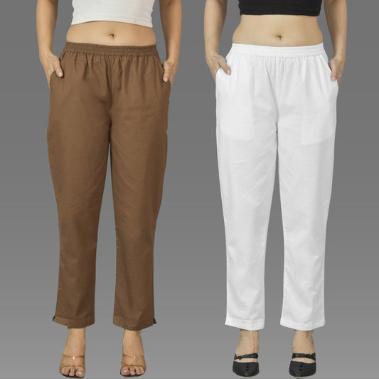 Pack Of 2 Womens Brown And White Deep Pocket Fully Elastic Cotton Trouser