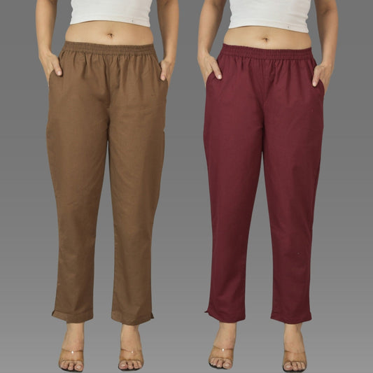 Pack Of 2 Womens Brown And Wine Deep Pocket Fully Elastic Cotton Trouser