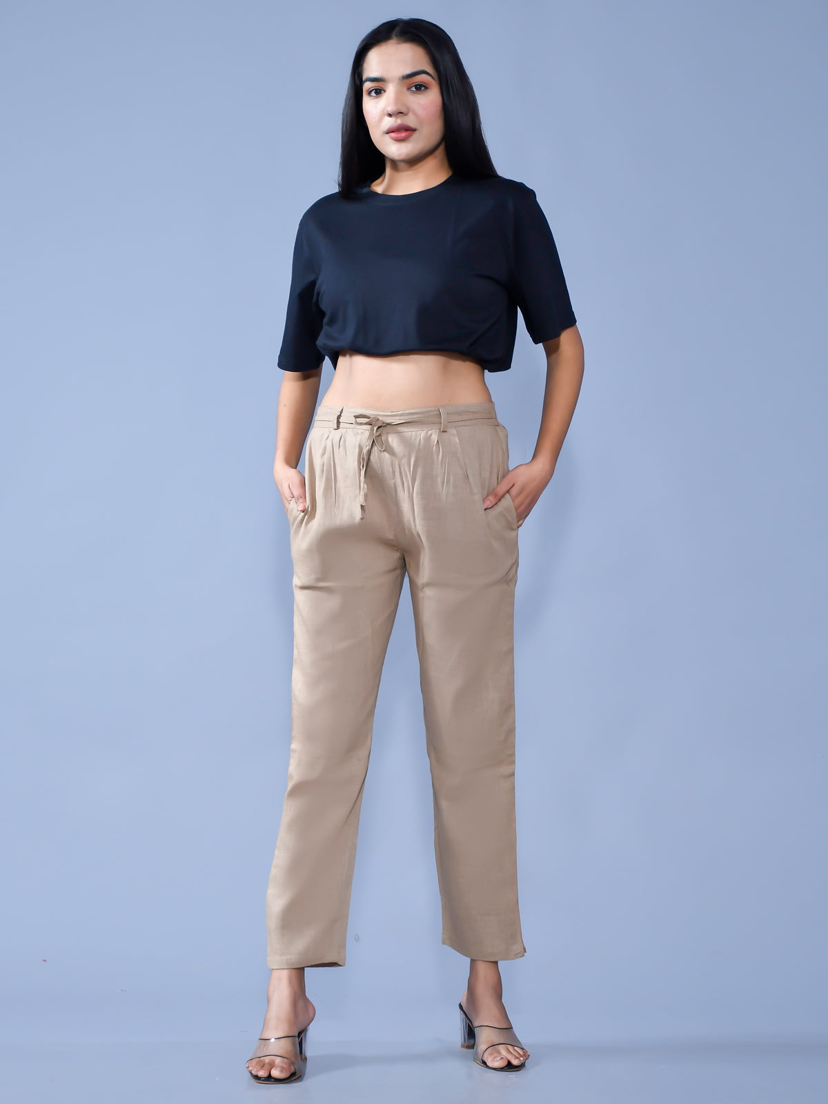 Pack Of 2 Womens Regular Fit Chiku And Teal Blue Cotton Slub Belt Pant Combo