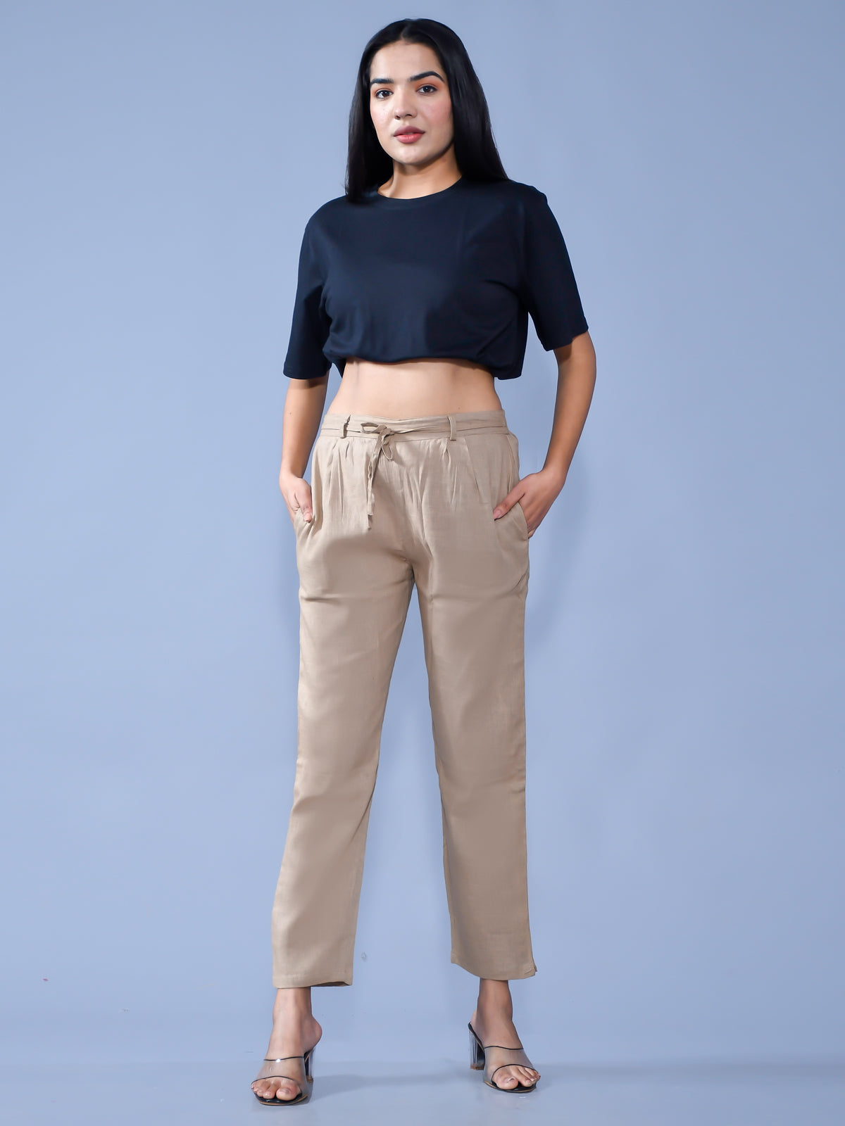 Pack Of 2 Womens Regular Fit Chiku And Navy Blue Cotton Slub Belt Pant Combo