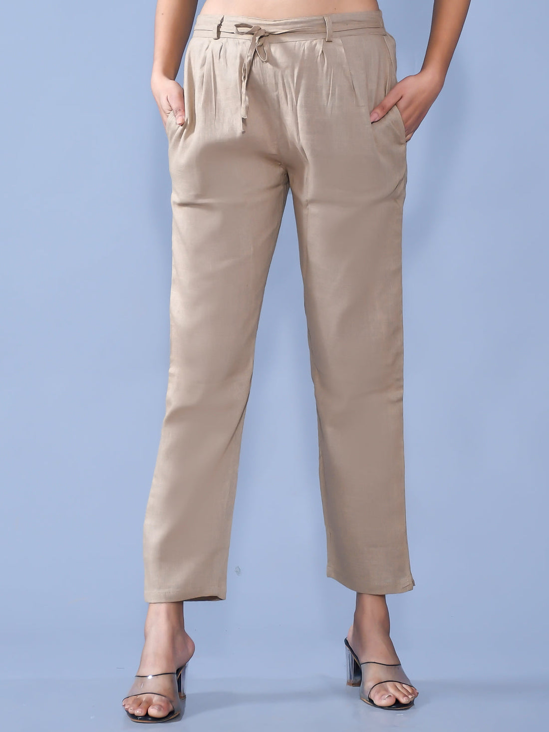 Pack Of 2 Womens Regular Fit Chiku And Grey Cotton Slub Belt Pant Combo