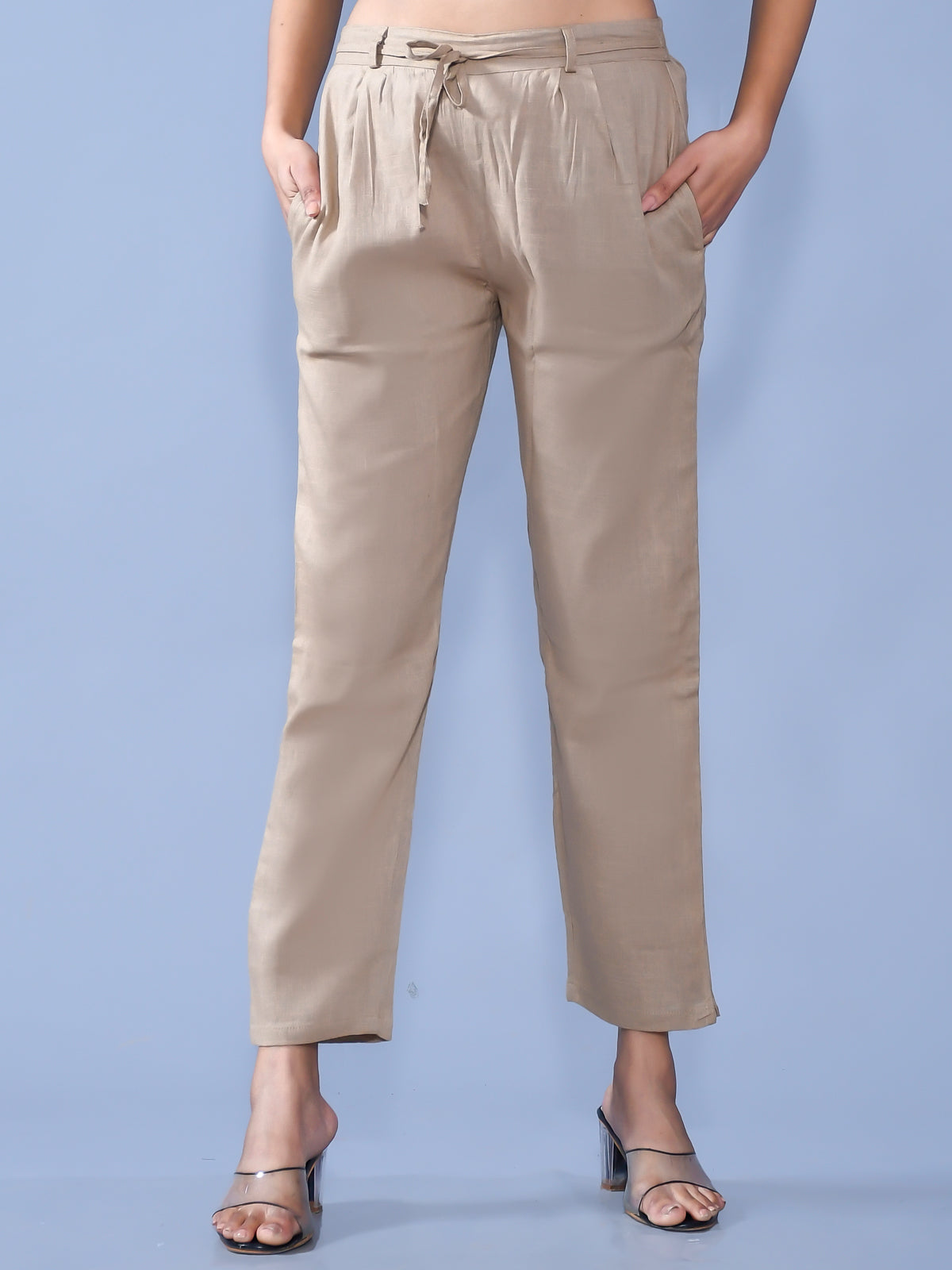 Pack Of 2 Womens Regular Fit Chiku And Navy Blue Cotton Slub Belt Pant Combo