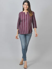 Womens Regular Fit Coffee Double Stripe Cotton Top
