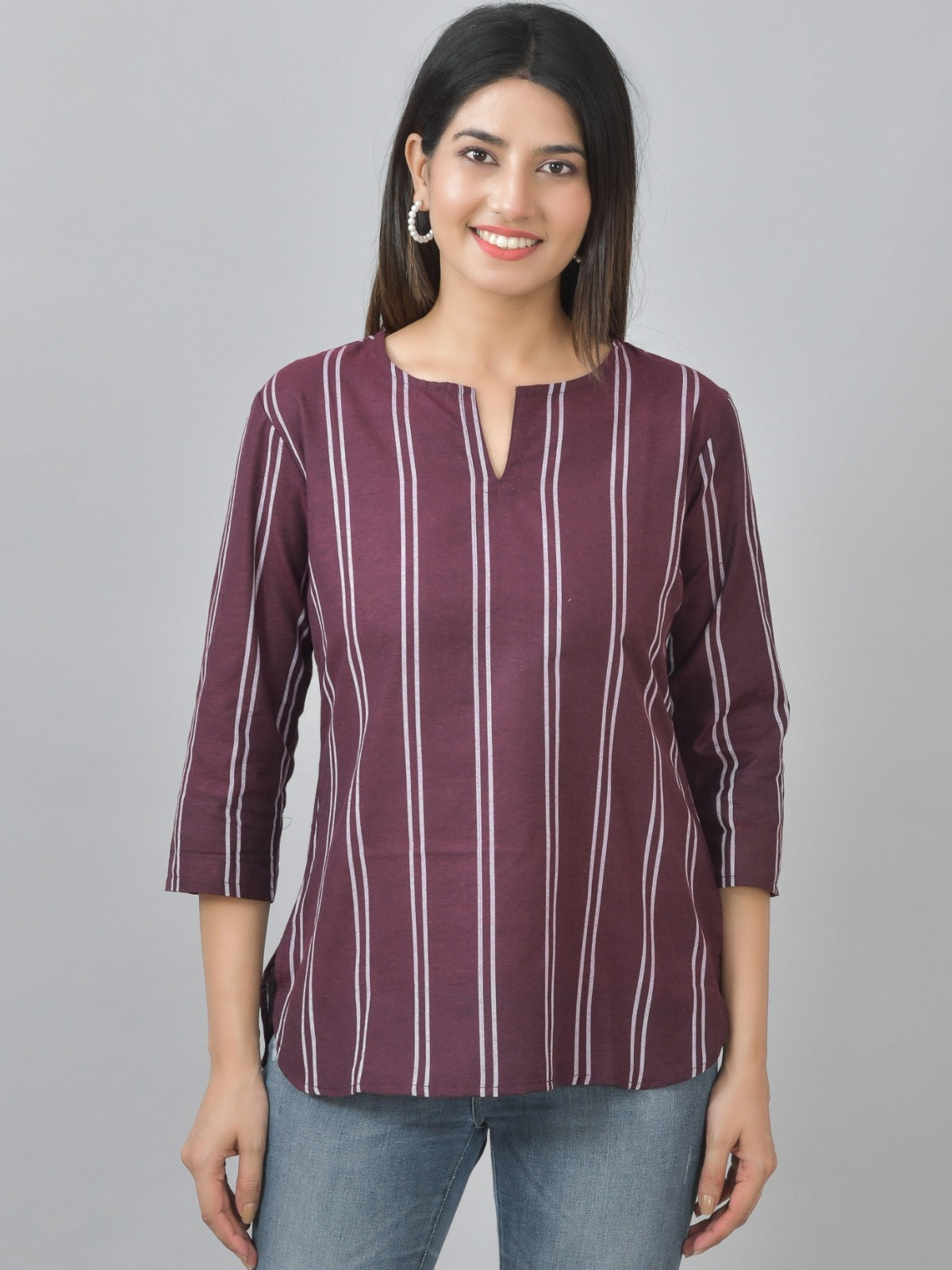 Pack Of 2 Coffee And Dark Purple Striped Cotton Womens Top Combo