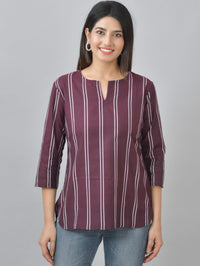 Womens Regular Fit Coffee Double Stripe Cotton Top