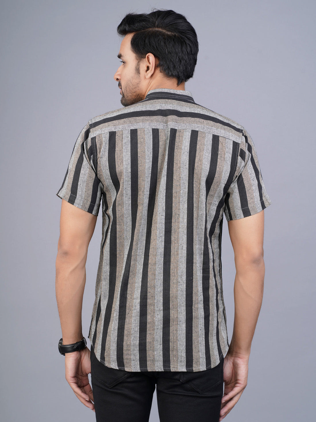 Mens Regular Fit Coffee Brown Striped Half Sleeve Short Cotton Kurta