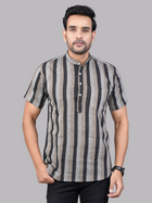 Mens Regular Fit Coffee Brown Striped Half Sleeve Short Cotton Kurta