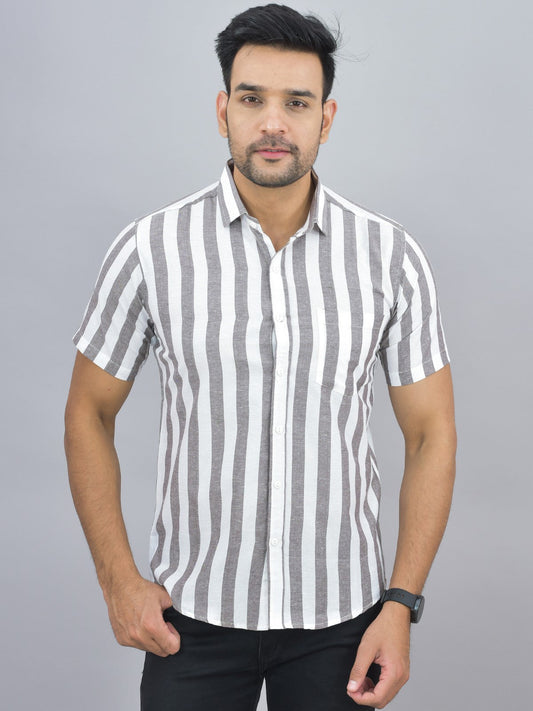 Mens Regular Fit Coffee Striped Half Sleeves Cotton Casual Shirt