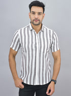 Mens Regular Fit Coffee Striped Half Sleeves Cotton Casual Shirt