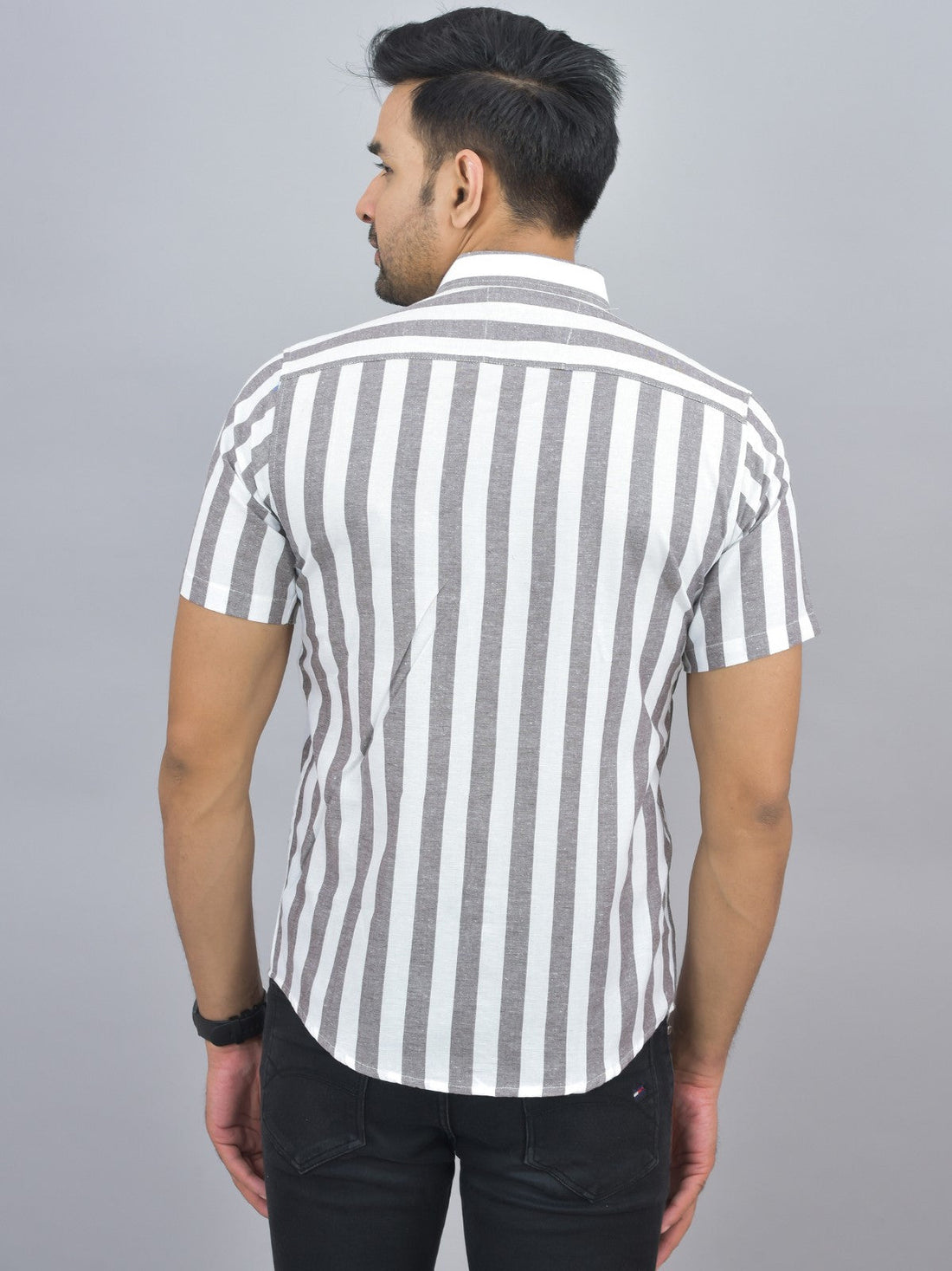 Mens Regular Fit Coffee Striped Half Sleeves Cotton Casual Shirt