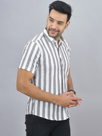 Mens Regular Fit Coffee Striped Half Sleeves Cotton Casual Shirt