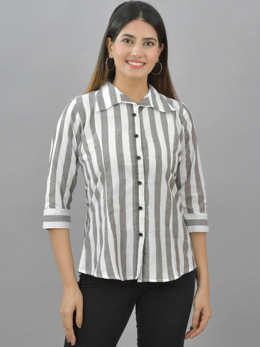 Womens Coffee Regular Fit Striped Cotton Spread Collar Casual Shirt