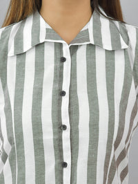 Womens Coffee Regular Fit Striped Cotton Spread Collar Casual Shirt