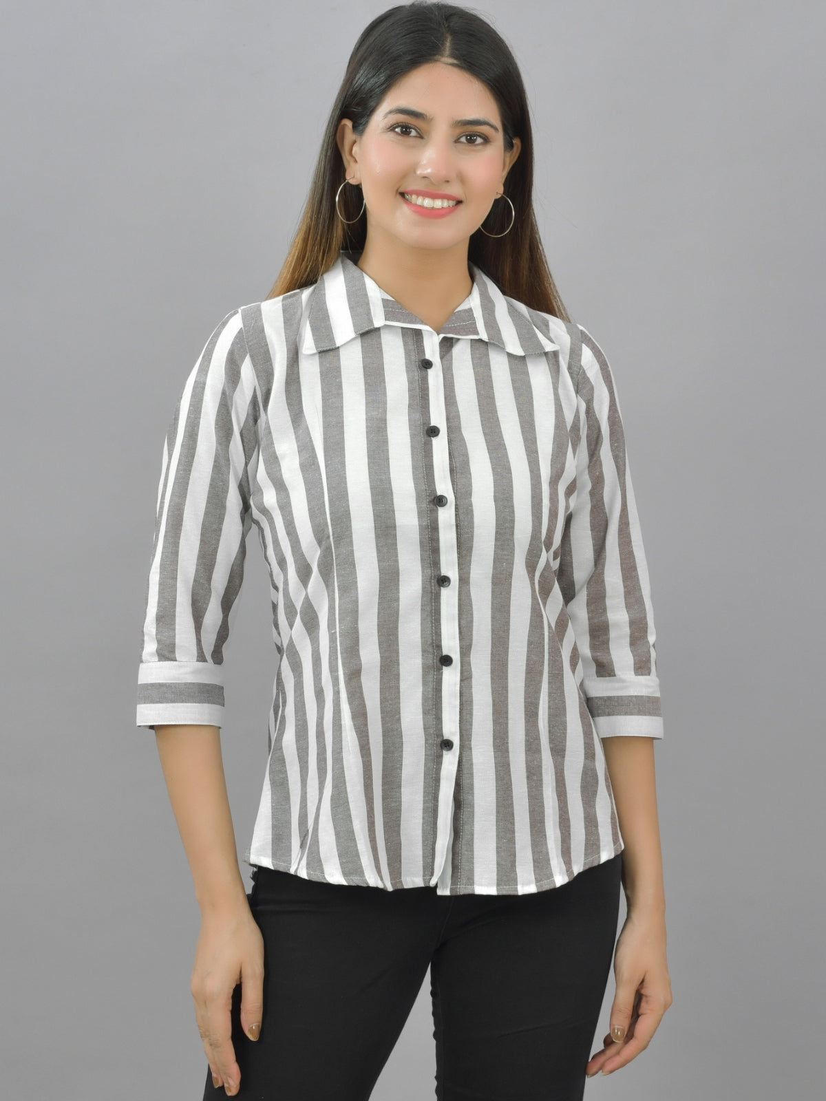 Pack Of 2 Womens Coffee And Red Spread Collar Striped Shirt Combo
