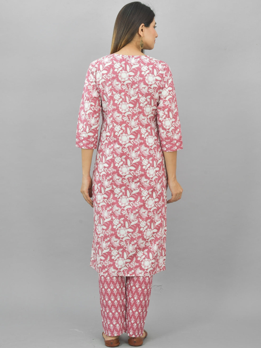 Womens Flower Printed Coral Pink Kurti, Dupatta And Pant Set