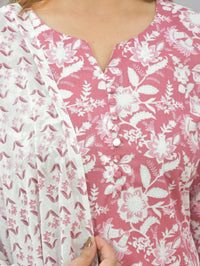 Womens Flower Printed Coral Pink Kurti, Dupatta And Pant Set