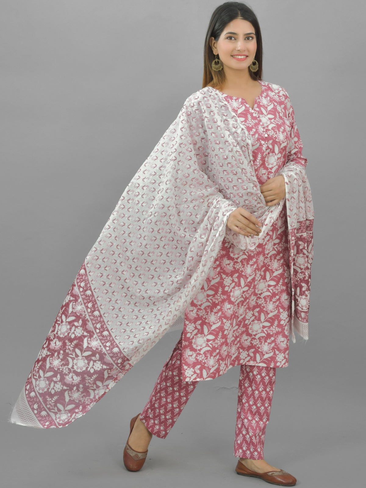 Womens Flower Printed Coral Pink Kurti, Dupatta And Pant Set